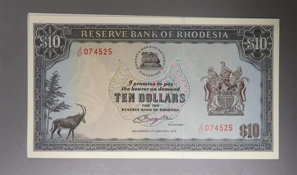 Reserve bank of Rhodesia, ten $10 dollar banknotes, consecutive serial numbers J/57- 2 January 1979 (10) all UNC